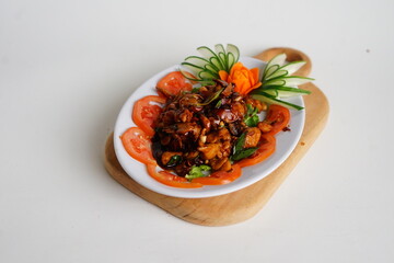 Tumis Ayam Kung pao - Stirfried Chicken Kungpao Cashews, chinese food. white background isolated