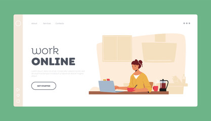 Freelance Job Online Landing Page Template. Relaxed Woman Freelancer Working on Laptop Sitting at Desk with Coffee