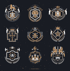 Set of vector vintage elements, heraldry labels stylized in retro design. Symbolic illustrations collection composed with medieval strongholds, monarch crowns, crosses and armory.