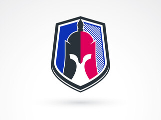Shield with knight warrior helmet inside vector symbol, protection guard concept logo.