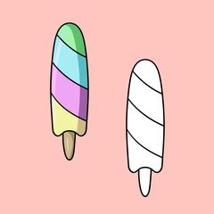 A set of images, a cool multicolored fruit popsicle on a stick, vector cartoon