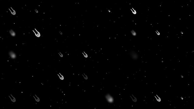 Template animation of evenly spaced solo bobsleigh symbols of different sizes and opacity. Animation of transparency and size. Seamless looped 4k animation on black background with stars