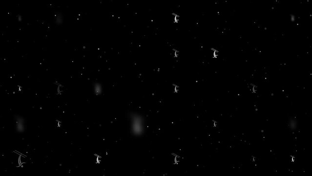 Template animation of evenly spaced freestyle skiing symbols of different sizes and opacity. Animation of transparency and size. Seamless looped 4k animation on black background with stars