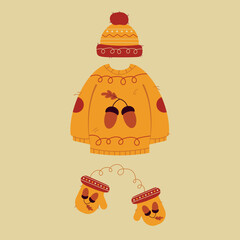 illustration of a sweater, hat, and mittens in a flat style. vector autumn set of outerwear in orange color