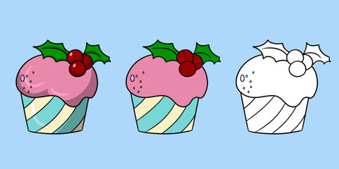 Horizontal set of pictures, delicious cupcake with delicate cream and red berries, vector cartoon