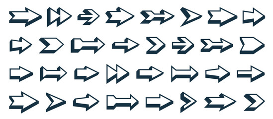 3D vector arrows big set, single color monochrome simple symbols icons or logos, perfect graphic design elements cursors collection.