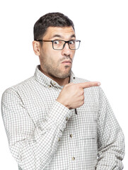 Handsome man with glasses and a plaid shirt, pointing at something from the side