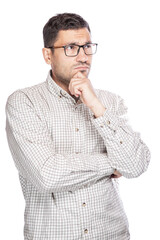 Young handsome man wearing plaid shirt over white background Thinking worried about a question, with hand on chin