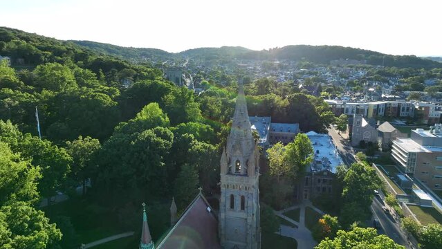 Aerial orbit of Lehigh University campus in Bethlehem Pennsylvania. Gothic architecture. Higher ed theme in USA.