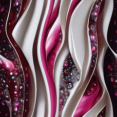 Black, White and Pink Curved Lines with Crystal and Gemstones Clusters Repeatable Texture