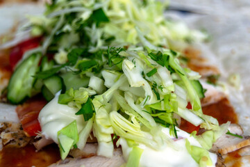 sliced cabbage close-up. cabbage salad. source of vitamins. Horizontal image.