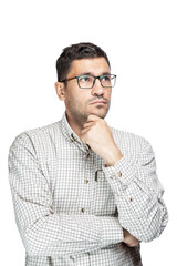 Young handsome man wearing plaid shirt over white background Thinking worried about a question, with hand on chin