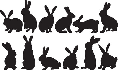 rabbits, hares set black silhouette design isolated vector