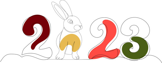 2023 rabbit drawing in one continuous line, vector