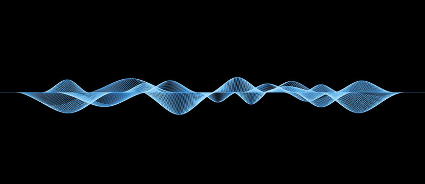 Illustration of smooth blue wireframe sound waves, visualization of frequency signals audio wavelengths, conceptual futuristic technology waveform background with copy space for text © MikeCS images
