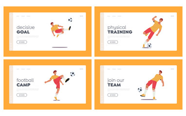 Soccer Players Landing Page Template Set. Football Tournament Teams Wear Uniform Playing Game, Sportsmen Male Characters