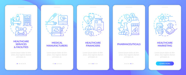 Medical industry key segments blue gradient onboarding mobile app screen. Walkthrough 5 steps graphic instructions with linear concepts. UI, UX, GUI template. Myriad Pro-Bold, Regular fonts used
