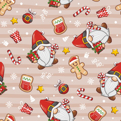 Seamless Pattern Christmas Gnomes Santa Claus, Cute Cartoon Illustration