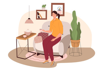 Modern comfortable interior of living room web concept. Woman drinking tea sitting in armchair, coffee table, plants, decor. People scenes template. Illustration of characters in flat design