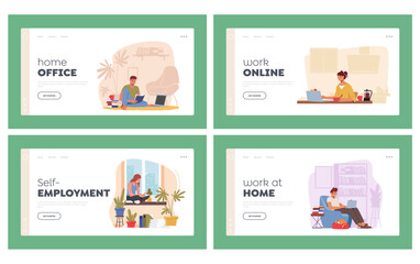 Home Office Landing Page Template Set. Freelancers or Outsourced Workers Characters Working Remotely on Computers