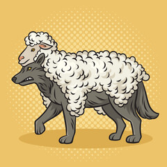 Wolf in sheep clothing pinup pop art retro vector illustration. Comic book style imitation.