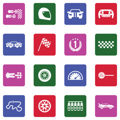 Car Racing Icons. White Flat Design In Square. Vector Illustration.
