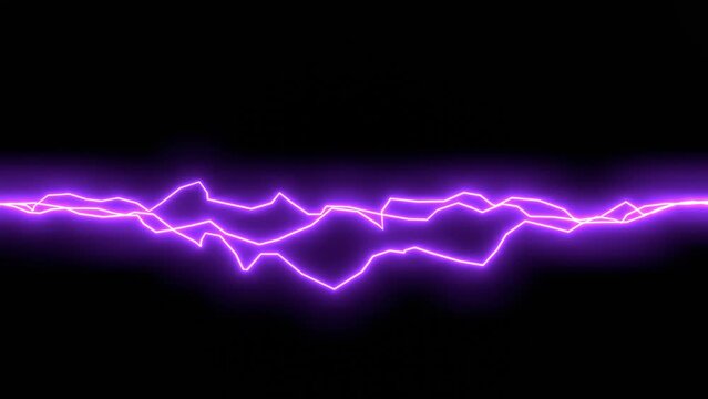 Animation neon violet electric discharge or lightning on black background. Motion graphic 3d render