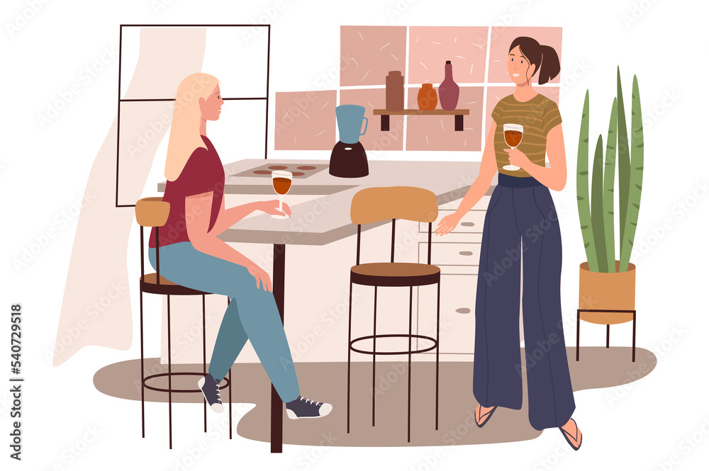 Wall mural modern comfortable interior of kitchen web concept. women drinking wine and talking while sitting on