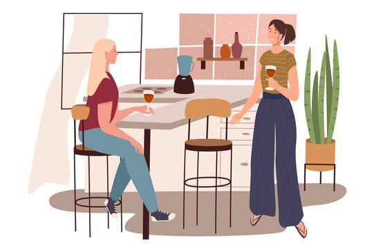 Modern Comfortable Interior Of Kitchen Web Concept. Women Drinking Wine And Talking While Sitting On Bar Stools At Table. People Scenes Template. Illustration Of Characters In Flat Design