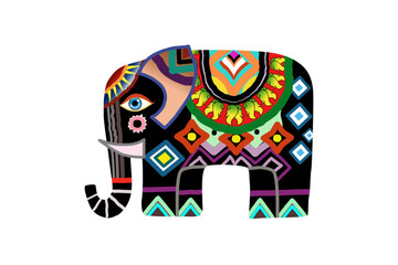 Elephant. Ethnic folk art. Indian elephant. Thailand elephant. Cute bright colors. Raster version. Dot painting. Illustration.
