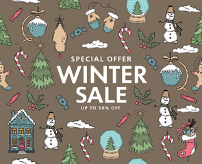 Christmas sale, pattern. Hand drawn illustration.