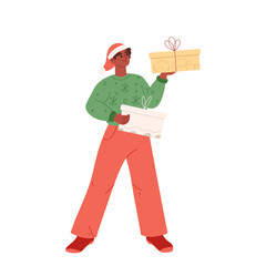 Christmas preparations. Young man in santa hat holding decorated wrapped gift box for winter holiday