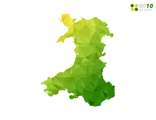 Vector Wales map green and yellow polygon triangle mosaic with white background. style gradient. - obrazy, fototapety, plakaty