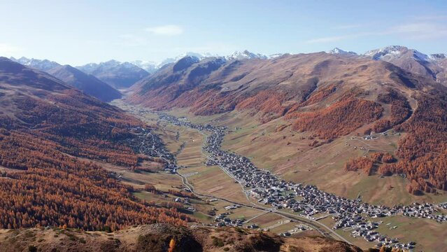 Aerial 4K, autumn view of Livigno in Italy