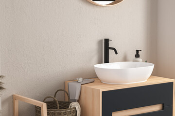 Obraz na płótnie Canvas Close up of white sink with oval mirror standing in on white wall , wooden cabinet with black faucet in minimalist bathroom. Mock up stand for display of product. 3d rendering