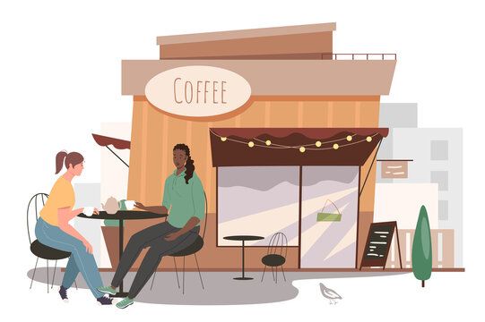 Street cafe building web concept. Two women drinking coffee sitting at table in cafeteria. Meeting friends for breakfast. People scenes template. Illustration of characters in flat design