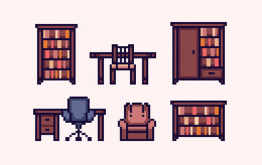 Bookshelf furniture pixel art set. , Bookcase, desk, library or cabinet interior collection. 8 bit sprite. Game development, mobile app.  Isolated vector illustration.