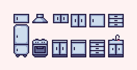 Kitchen furniture pixel art set. Interior equipment collection. Oven, fridge and sink. 8 bit sprite. Game development, mobile app.  Isolated vector illustration.