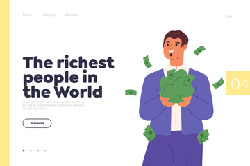 Richest people in world concept of landing page with man with pockets hands full of money dollars