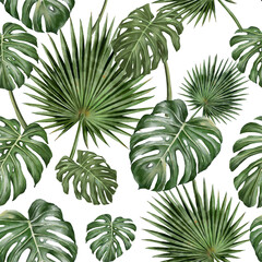 Seamless pattern Hand drawn  tropical  leaves art.