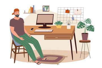 Office workplace web concept. Freelancer or remote worker sitting at desk with computer in cozy room with decor and plants. People scenes template. Illustration of characters in flat design