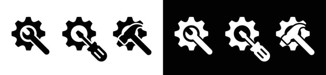 Service icon vector collection. Gear, wrench, hammer, and screwdriver icon. Setting, repair, fix sign silhouette set. Maintenance tools symbol illustration