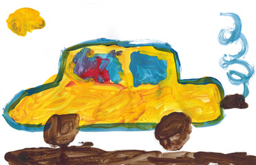 Yellow car, kids drawing on white background