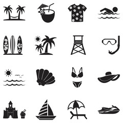 Beach Vacation Icons. Black Flat Design. Vector Illustration.
