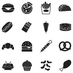 Junk Food Icons. Black Flat Design. Vector Illustration.