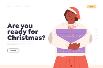 Ready for christmas concept of landing page with young woman with decorated noel gift box