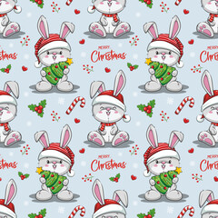 Seamless Pattern Christmas Rabbit Santa Claus, Cute Cartoon Illustration
