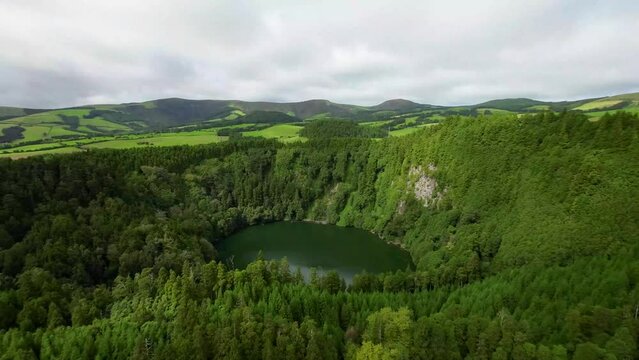 Aerial View Flight Lake In Volcanic Crater Lagoa Do Congro, Sao Miguel Island Azores 15 October 2022