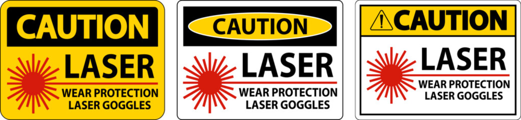 Fototapeta na wymiar Caution Laser Wear Protective Laser Goggles Sign On White Background