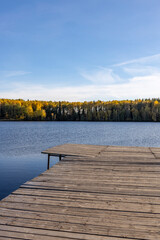 Wooden deck near the water. Sunny autumn day near the pond.